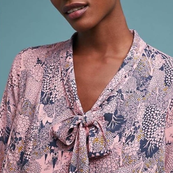 19 of 52 Conversations by Anthropologie Pink & Blue Button Down Bow Blouse - Picture 2 of 8
